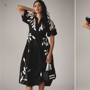 Anthropologie Black Midi Dress with White Leaf Embroidery